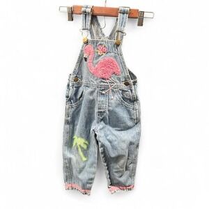 90s denim overalls with pink flamingo and palm tree embellishments by Marsha 2T
